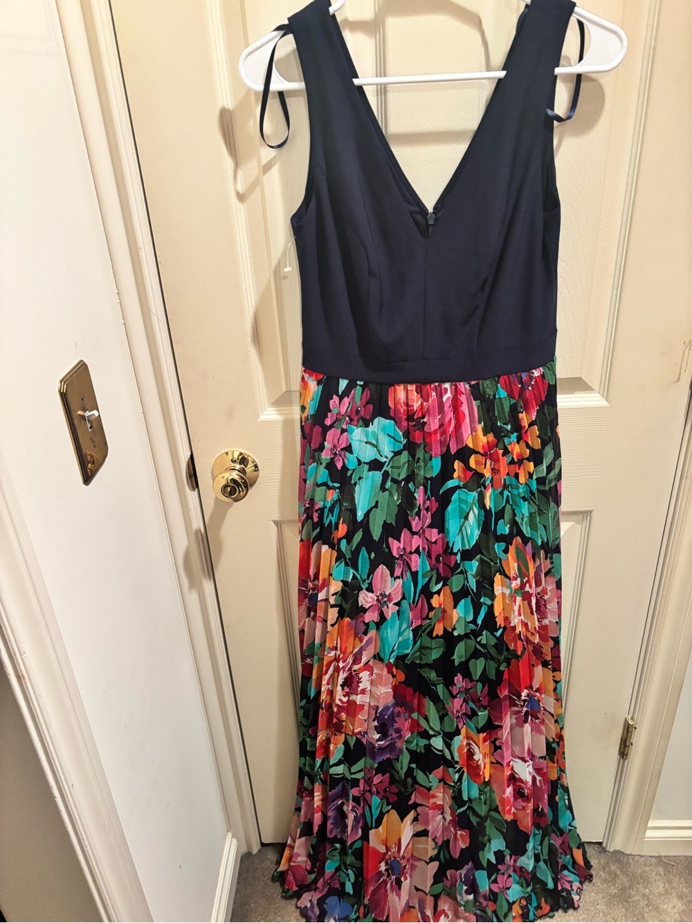Navy floral pleated chiffon dress, sleeveless
